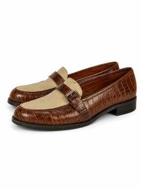Etienne Aigner Two-Tone Brown Croc-Embossed Leather and Beige Canvas Loafers wit